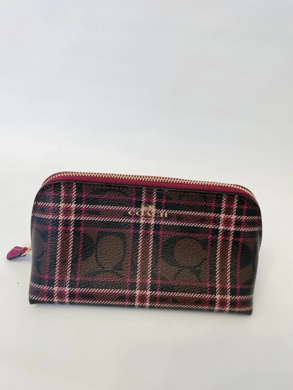 Coach Plaid Signature Cosmetic Bag Makeup Case Brown Pink NWOT - Picture 2 of 9